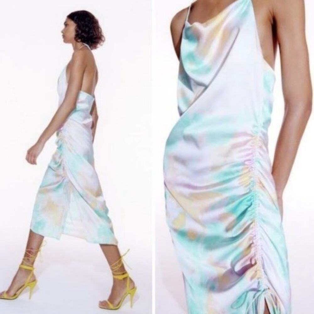 ZARA TIE DYE SLIP MIDI RUCHED SIDE DRESS L